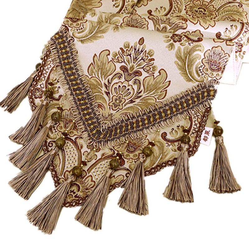 OZXCHIXU European Jacquard Fabric Multi-Tassels Table Runner (14x120 inch, Khaki) - Image 2